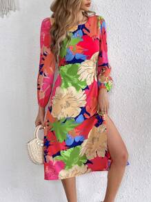 SHEIN VCAY Floral Print Split Thigh Dress - Multicolor - View 6