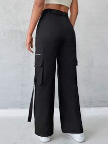 RueChic High Waist Flap Pocket Side Cargo Pants - Black - View 2