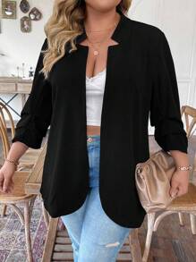 SHEIN LUNE 大碼素色開門襟西裝外套 - 黑色 - 查看 6