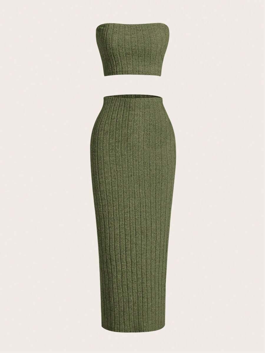 SHEIN EZwear Solid Tube Top & Pencil Skirt - Army Green - View 1