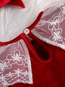 女嬰蕾絲拼接荷葉袖連體衣和頭巾