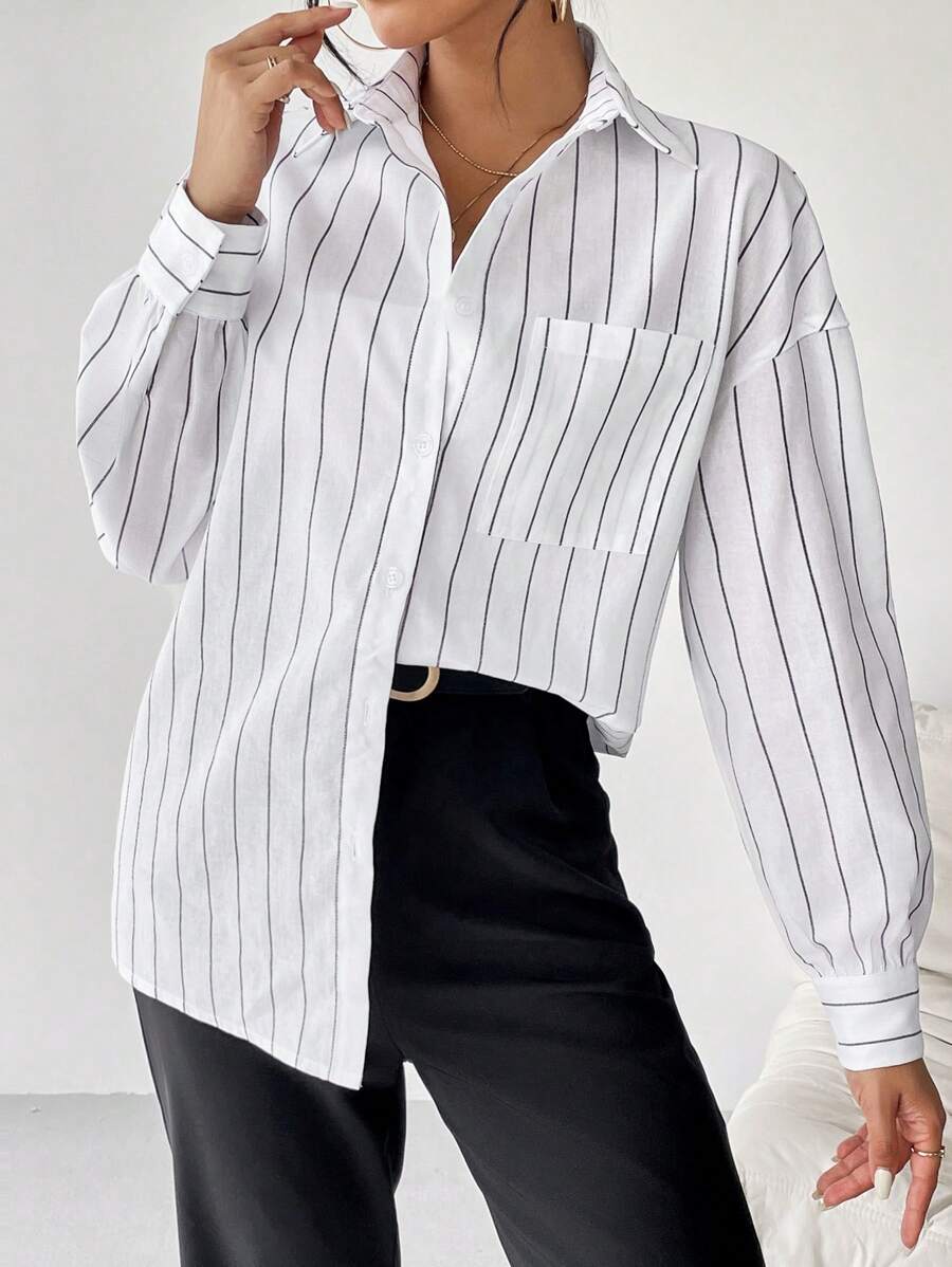 SHEIN Essnce Áo Sơ Mi Sọc Dài Tay Xuân Thu Nữ - trắng - Xem 1