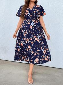 Calvaya Plus Floral Print Knot Side Dress - Blue - View 7