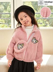 SHEIN 女小童獨角獸刺繡落肩袖毛絨夾克附包 - 淺粉色 - 查看 1