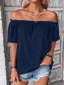 EMERY ROSE Off Shoulder Frill Trim Blouse - Navy Blue - View 4