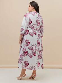 Mulvari Plus Floral Print Notched Neck Belted Dress - Multicolor - View 3