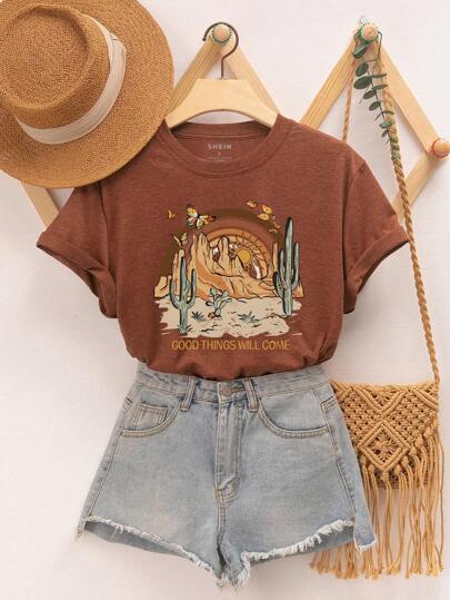 INAWLY 仙人掌和标语图案 T 恤 图案 T 恤 女式上衣