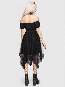 ROMWE Goth Off Shoulder Mesh Overlay Dress Without Corset - Black - View 6