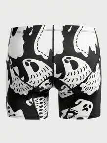 Men Halloween Ghost Print Drawstring Waist Trunks - Black and White - View 2
