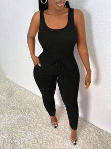 Slaydiva Chất rắn Áo ba lỗ & Eo dây rút Quần bó sát - màu đen - Xem 5