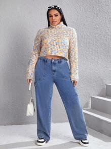 SHEIN EZwear Plus Space Dye High Neck Drop Shoulder Crop Sweater - Multicolor - View 3