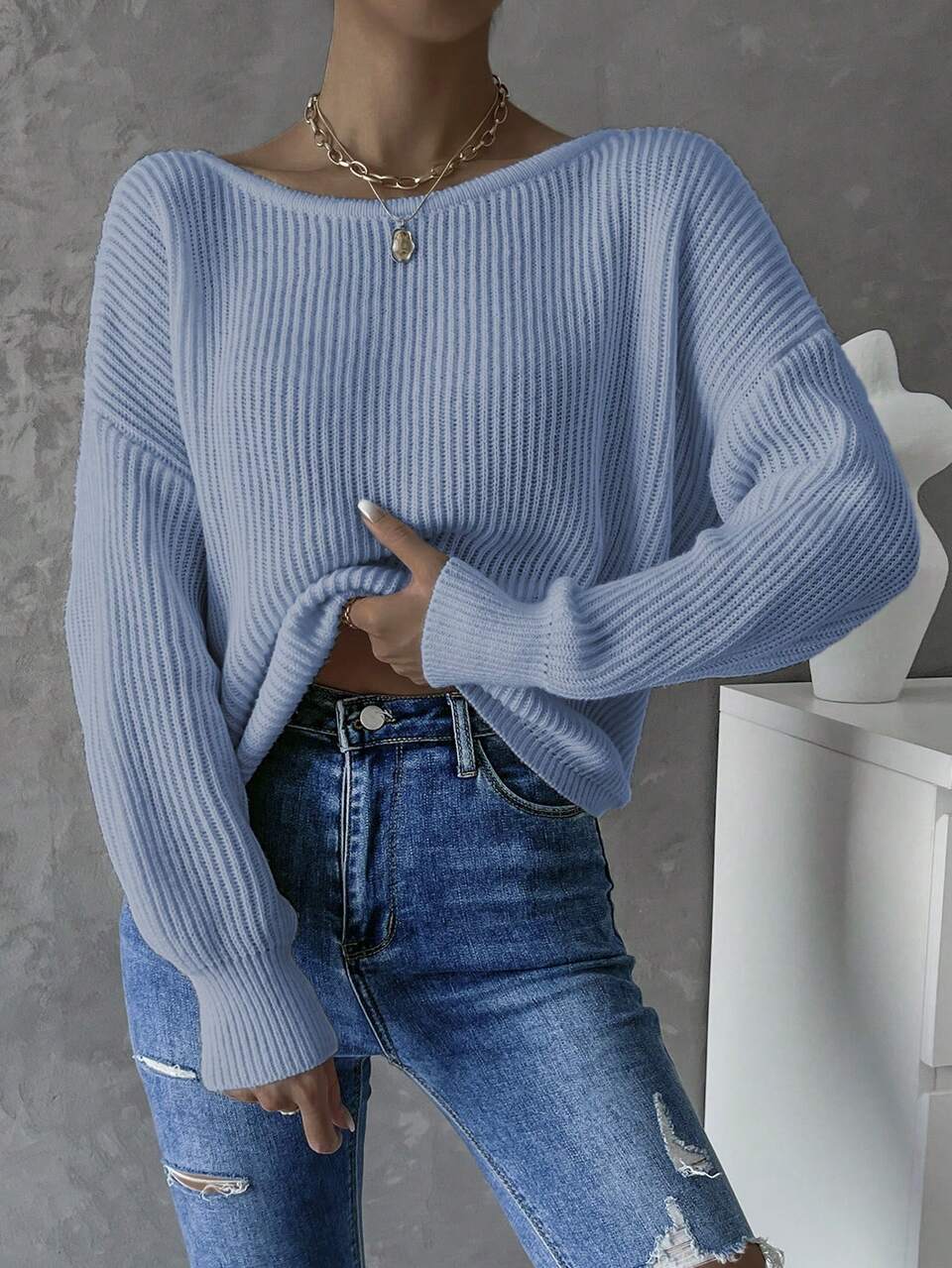 Twist Backless Drop Shoulder Ribbed Knit Pullover Fall Winter Sweater