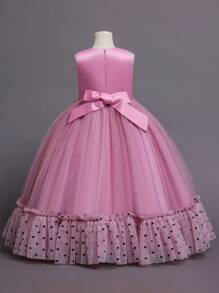 Tween Girl Polka Dot Lace Panel Ruffle Hem Party Dress - Pink - View 2