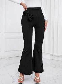 SHEIN Essnce 高腰3D喇叭褲 - 黑色 - 查看 5