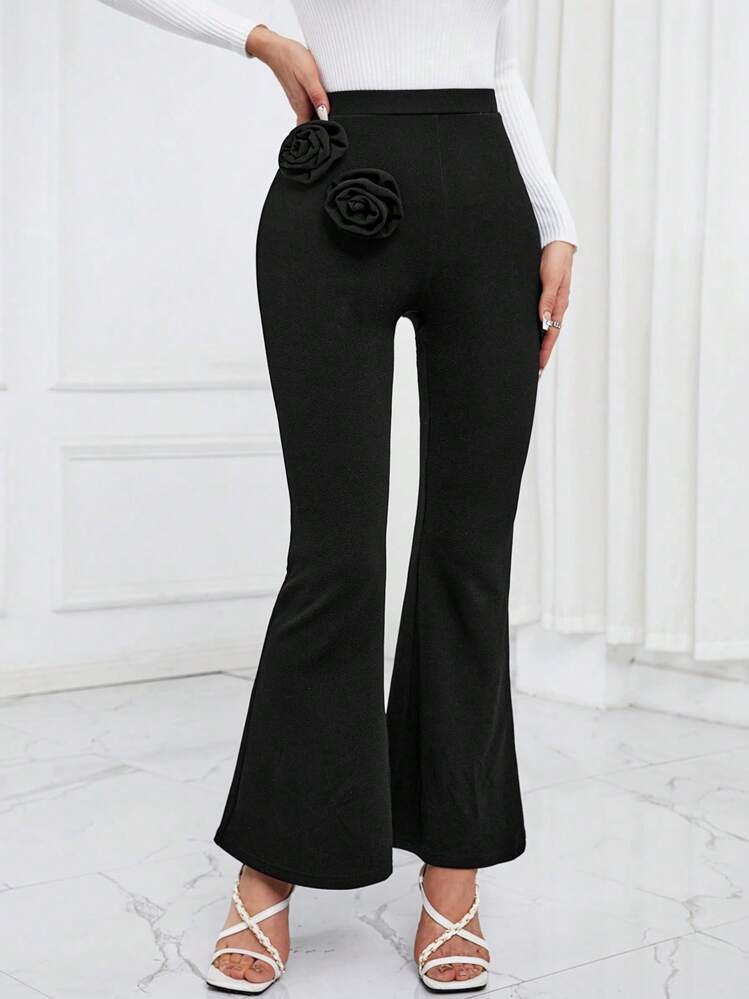 SHEIN Essnce גזרה גבוהה 3D מכנסיים מתרחבים - שחור - ראה 5