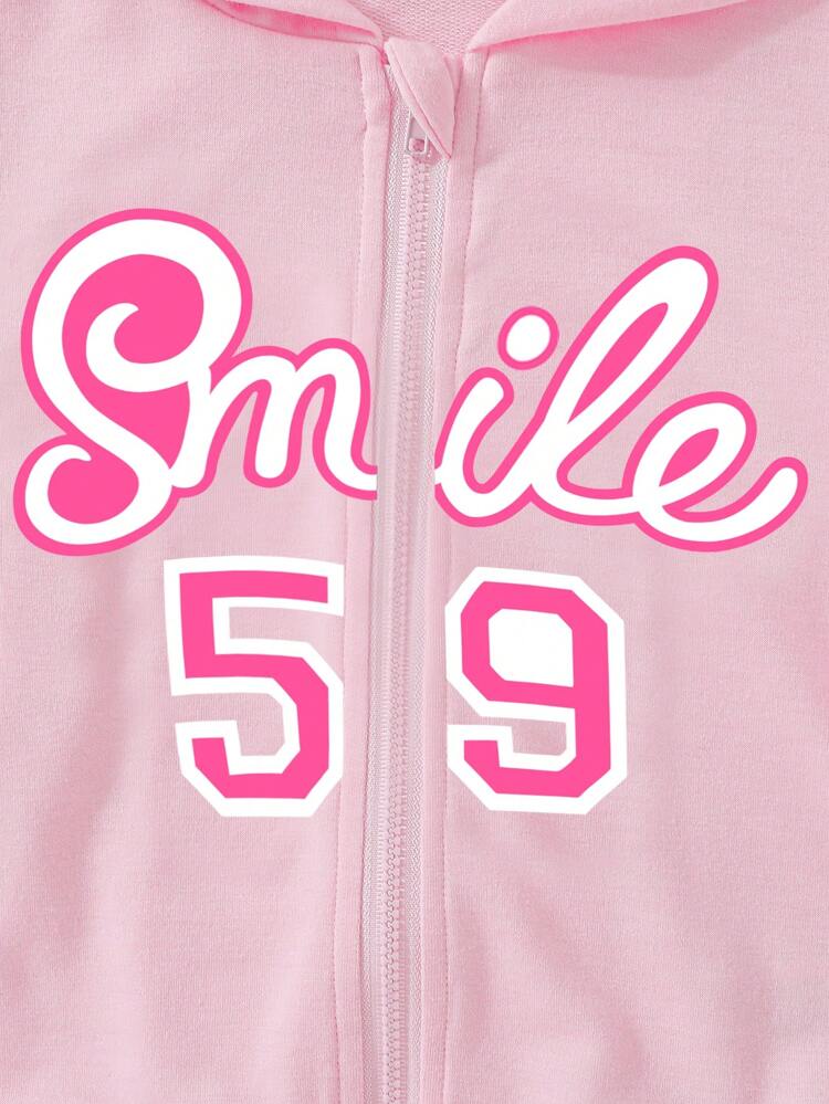 Young Girl Letter Graphic Zip Up Hoodie & Striped Trim Skirt