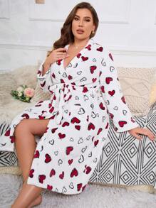 Snug Zone Plus Size Cute Flannel Heart Print Long Robe With Belted Regular Sleeve And Pockets, For Fall Winter, Fluffy, Cozy - Red and White - View 4