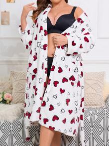 Snug Zone Plus Size Cute Flannel Heart Print Long Robe With Belted Regular Sleeve And Pockets, For Fall Winter, Fluffy, Cozy - Red and White - View 6