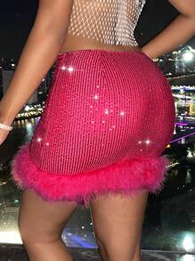 SHEIN SXY Fuzzy Trim Sequin Bodycon Skirt - Hot Pink - View 2