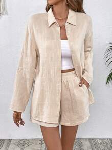SHEIN VCAY Solid Button Front Shirt & Shorts - Apricot - View 4