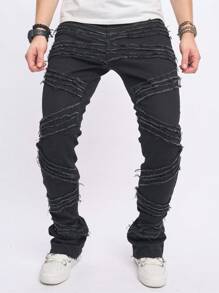 Manfinity Roghcode 男士毛邊緣牛仔褲 - 黑色 - 查看 5