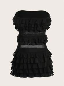 SHEIN ICON Ruffle Trim Mesh Insert Tube Dress - Black - View 2