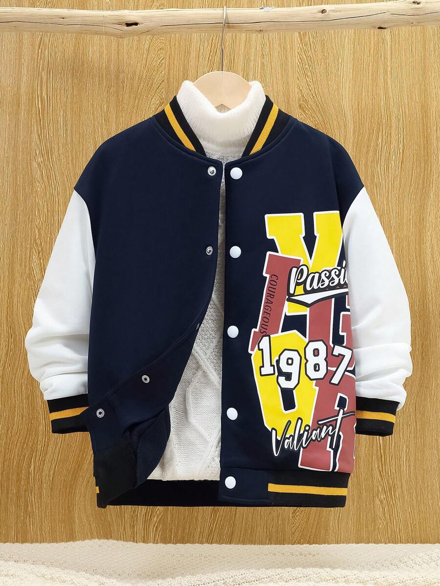 SHEIN Tween Boy Letter Graphic Striped Trim Drop Shoulder Varsity Jacket Without Sweater - Multicolor - View 1