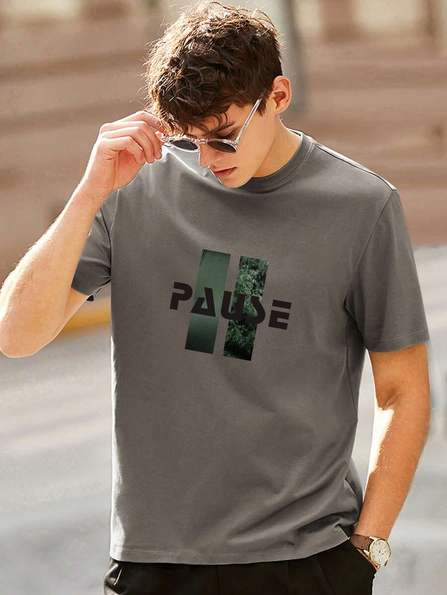 男士字母圖案T恤 - 深灰色 - 查看 1