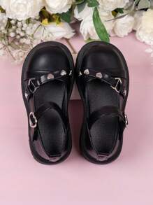 女孩心形装饰魔术贴玛丽珍平底鞋，适合户外穿着 - 黑色 - 查看 5