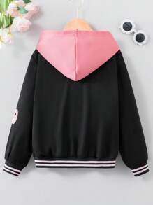 SHEIN Cô gái Tween Đồ họa Chữ cái Sọc trang trí áo có mũ Áo khoác Without Tee - màu đen - Xem 2