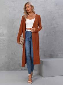 BizChic Solid Open Front Longline Coat In Fall/Winter - Rust Brown - View 3