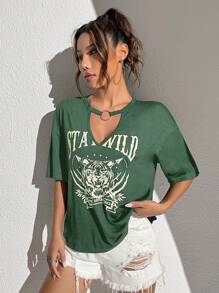 Muchica Women's Casual Printed Drop Shoulder Short Sleeve Knit T-Shirt - Green - View 5