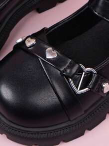 女孩心形装饰魔术贴玛丽珍平底鞋，适合户外穿着 - 黑色 - 查看 7