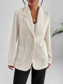 SHEIN Essnce Lapel Neck Pocket Patched Single Button Blazer - Beige - View 4