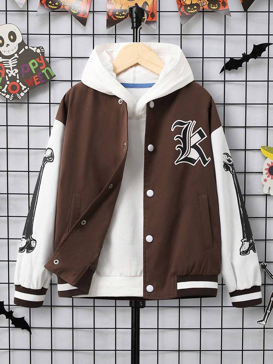 SHEIN 男大童萬聖節字母圖案條紋飾邊落肩袖學院風夾克無連帽衫 - 彩色 - 查看 1