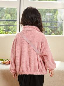 SHEIN 女小童獨角獸刺繡落肩袖毛絨夾克附包 - 淺粉色 - 查看 2