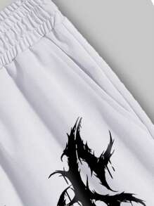 ROMWE MEN Goth 男士字母圖案腰部抽繩短褲 - 白色 - 查看 6