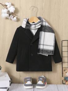 SHEIN 2pcs Baby Boy Solid Color Jacket And Checked Scarf Set, Medium Thick - Black - View 1