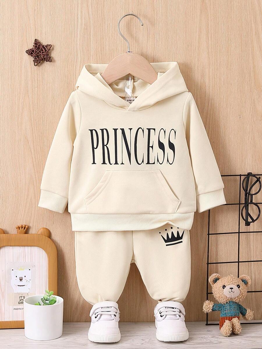 Đứa bé gái Đồ họa Chữ cái Túi kangaroo Áo Hoodie & Quần thể thao - Màu be - Xem 1