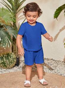 SHEIN Bộ đồ thể thao thường ngày cho bé trai cổ tròn tay ngắn trang trí miếng vá trơn và quần short, có áo phông và quần short họa tiết miếng vá chữ - Màu xanh lam - Xem 6