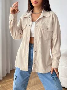 SHEIN EZwear 秋冬翻领落肩灯芯绒大衣 - 米色 - 查看 3