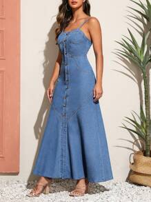 SHEIN Nút phía trước Váy denim Cami - Rửa trung bình - Xem 3