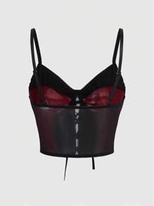ROMWE Grunge Punk Color-Block Lace Up Front Mesh Sexy Longline Bra - Burgundy - View 2