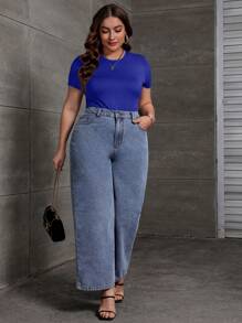 SHEIN Essnce Plus Solid Slim Fit Tee Bodysuit - Royal Blue - View 3