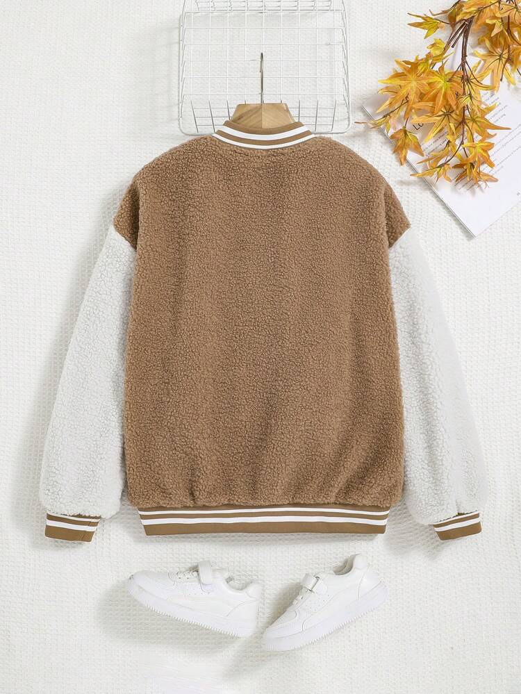 Teen Girl Letter Patched Striped Trim Drop Shoulder Teddy Varsity Jacket