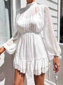 EURMUSE Women's Elegant Commuter Solid Color Stand Collar Lantern Sleeve Ruffle Hem Dress - White - View 1