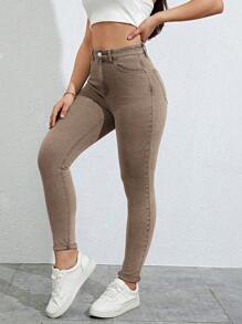 SHEIN Essnce 斜口袋緊身牛仔褲 - 咖啡棕 - 查看 3