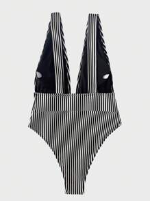 SHEIN Bañador una pieza de rayas de cuello profundo - Blanco y Negro - Ver 2