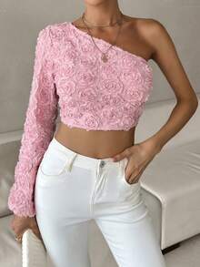 SHEIN Privé One Shoulder Lantern Sleeve Crop Blouse - Pink - View 3