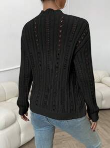 SHEIN Privé Pearls Beaded Pointelle Knit Cardigan - Black - View 2